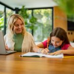 Mid adult woman working using laptop and talking to daughter at home